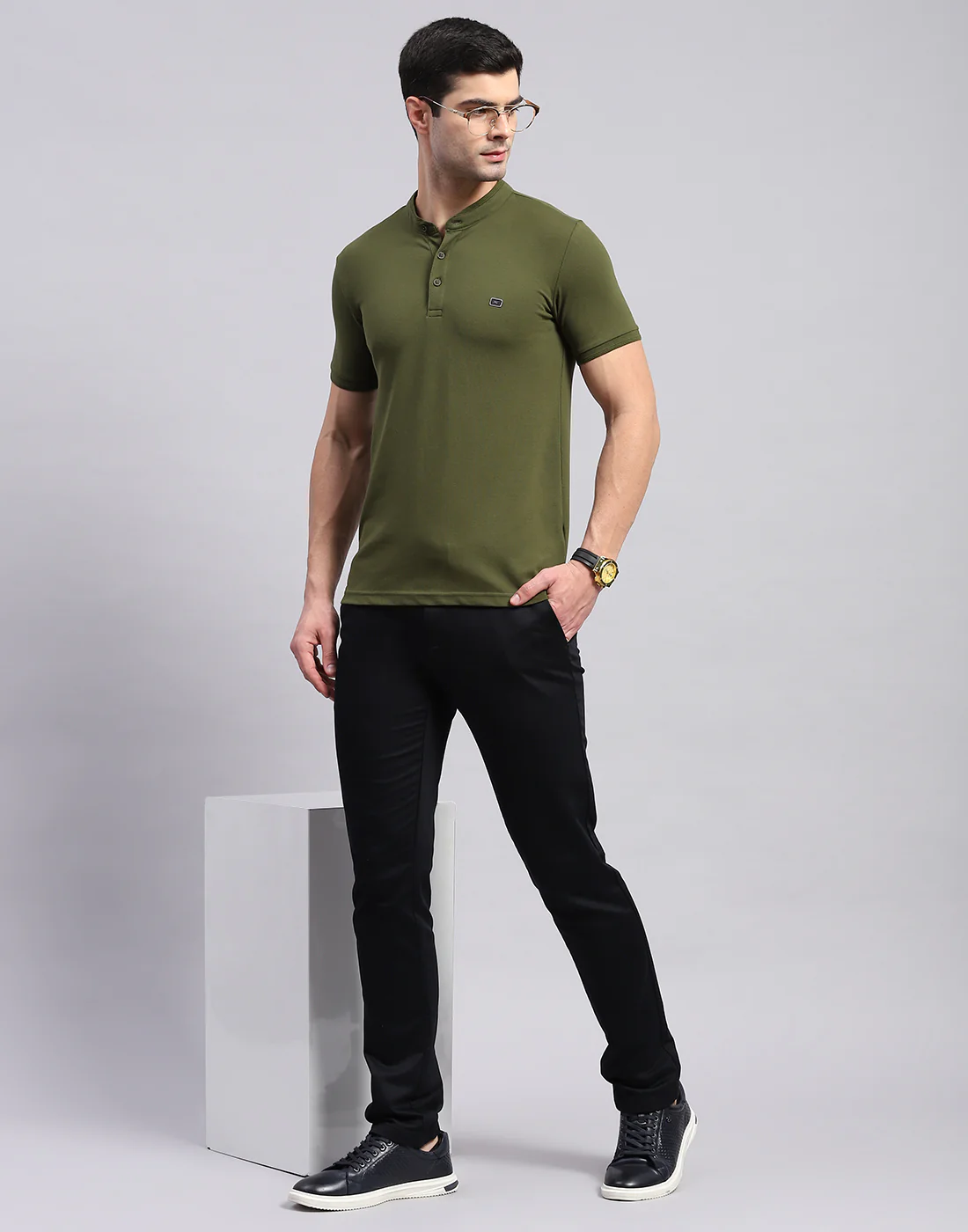 Men Olive Printed Mandarin Collar Half Sleeve T-Shirt - Image 2