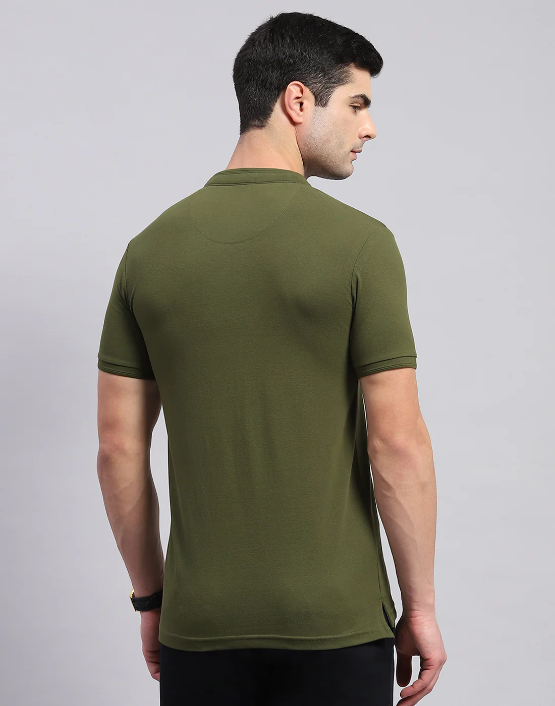 Men Olive Printed Mandarin Collar Half Sleeve T-Shirt - Image 5