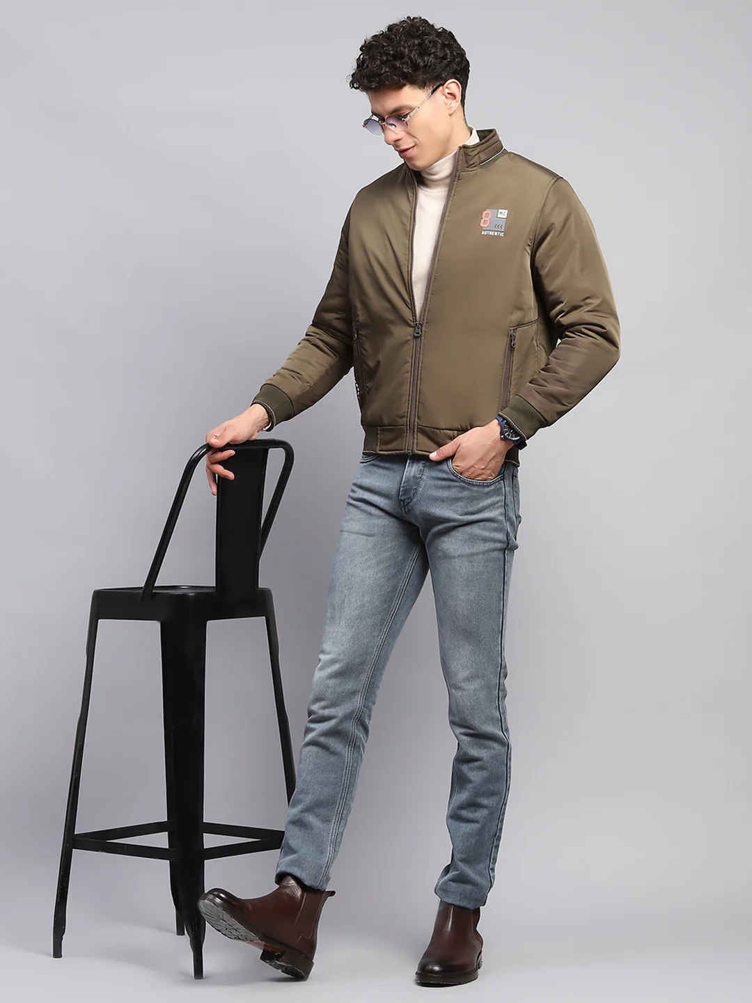 Men Olive Printed Mock Neck Full Sleeve Jacket - Image 2