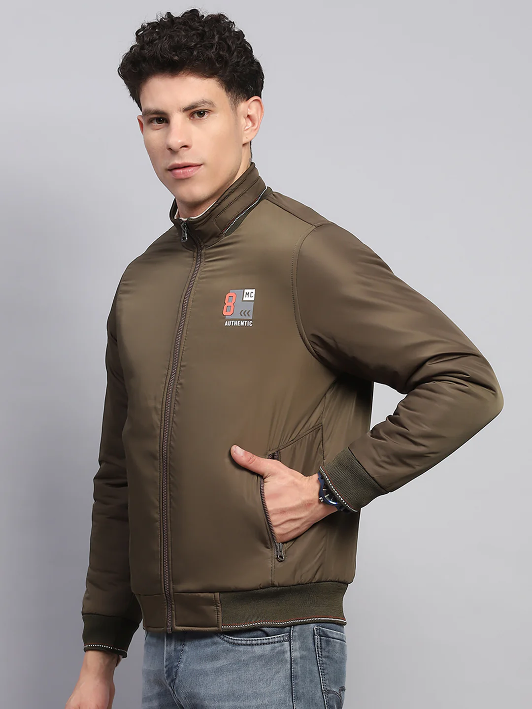 Men Olive Printed Mock Neck Full Sleeve Jacket - Image 3