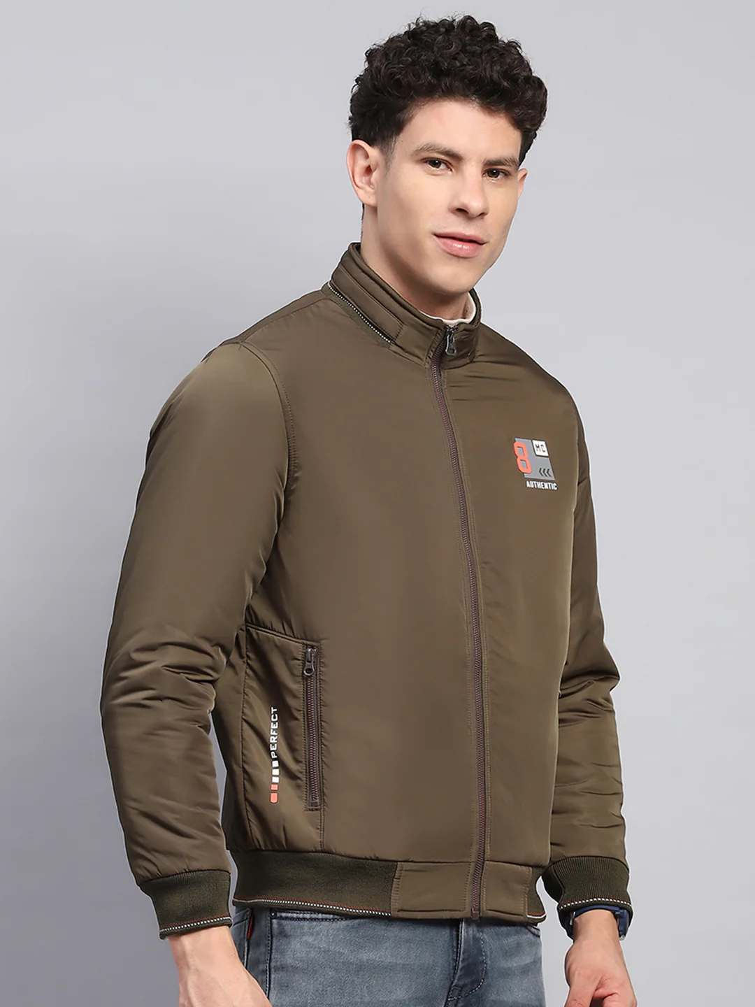 Men Olive Printed Mock Neck Full Sleeve Jacket - Image 4