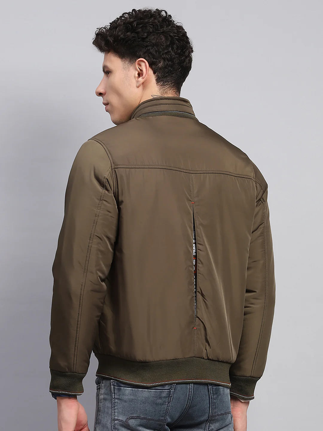 Men Olive Printed Mock Neck Full Sleeve Jacket - Image 5