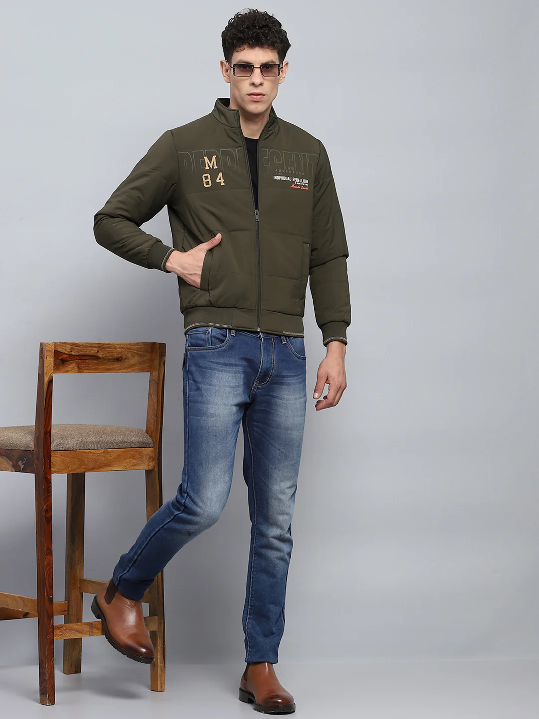 Men Olive Printed Mock Neck Full Sleeve Jacket - Image 2