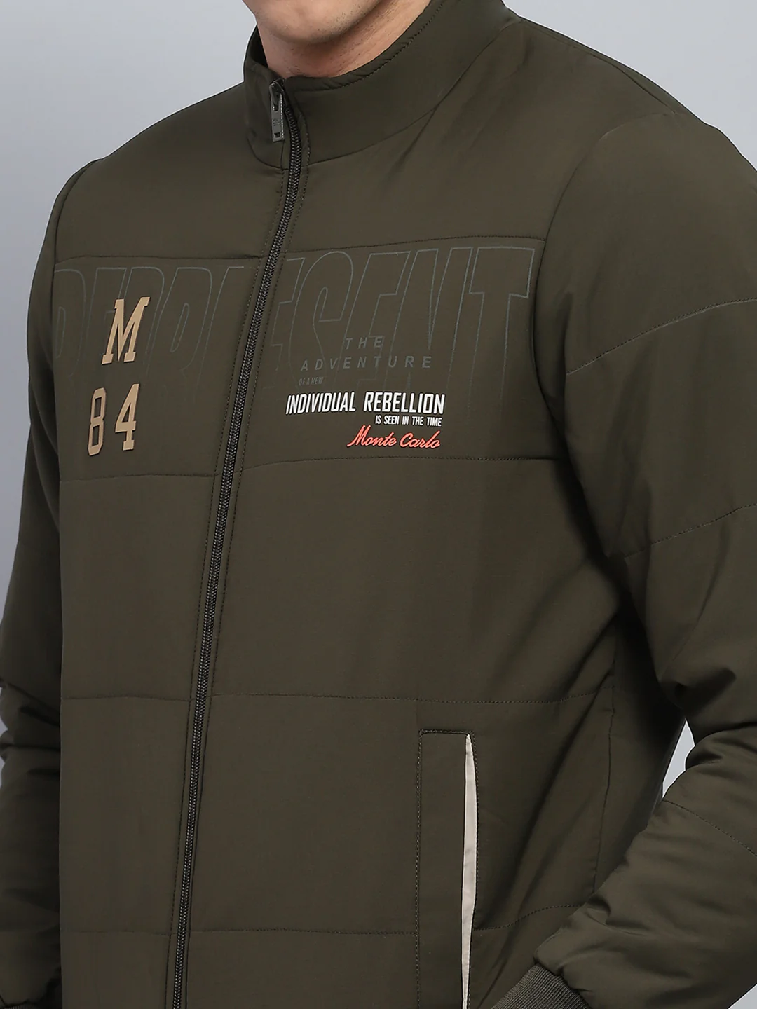 Men Olive Printed Mock Neck Full Sleeve Jacket - Image 6