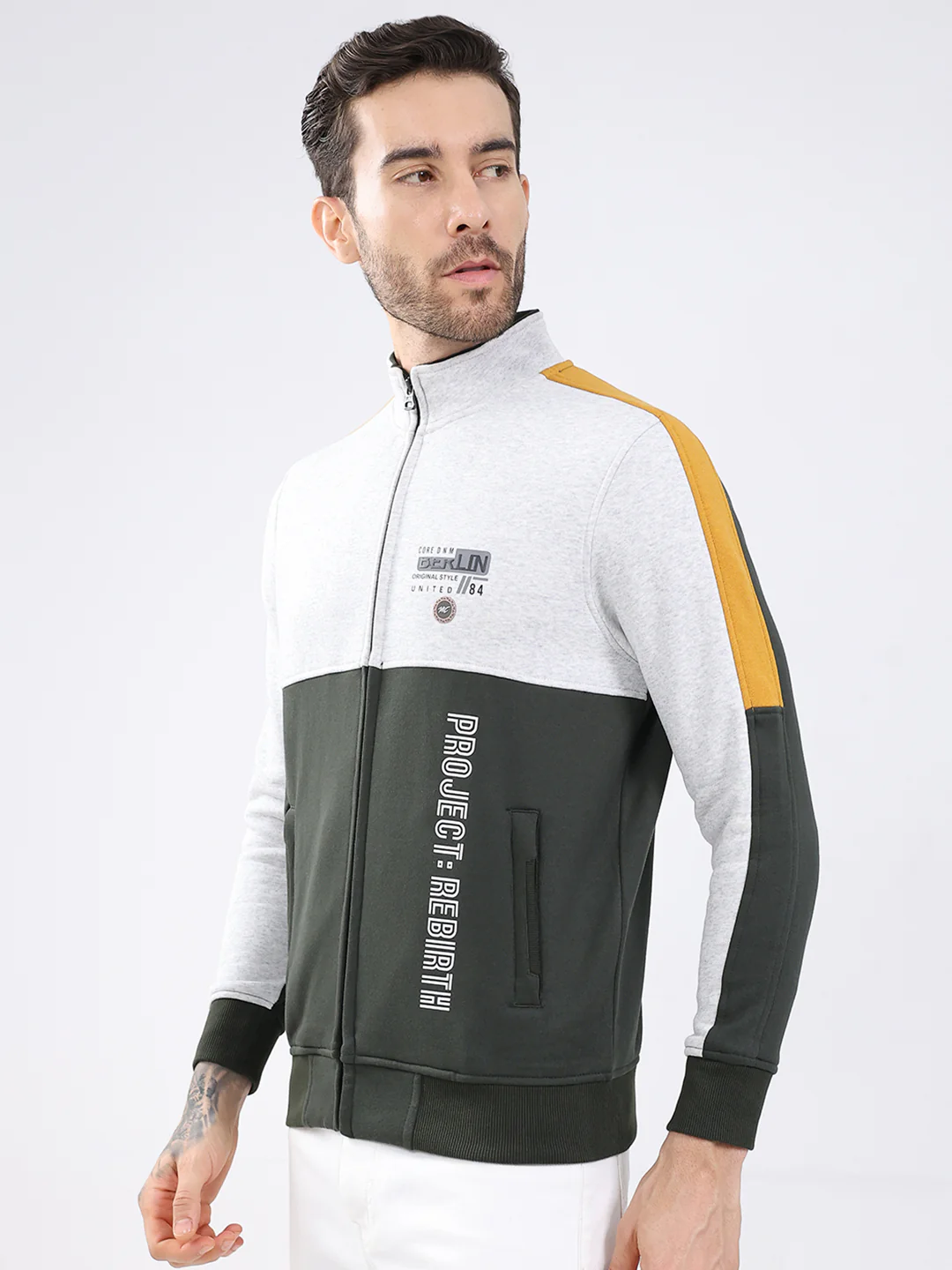 Men Olive Printed Mock Neck Full Sleeve Sweatshirt - Image 3