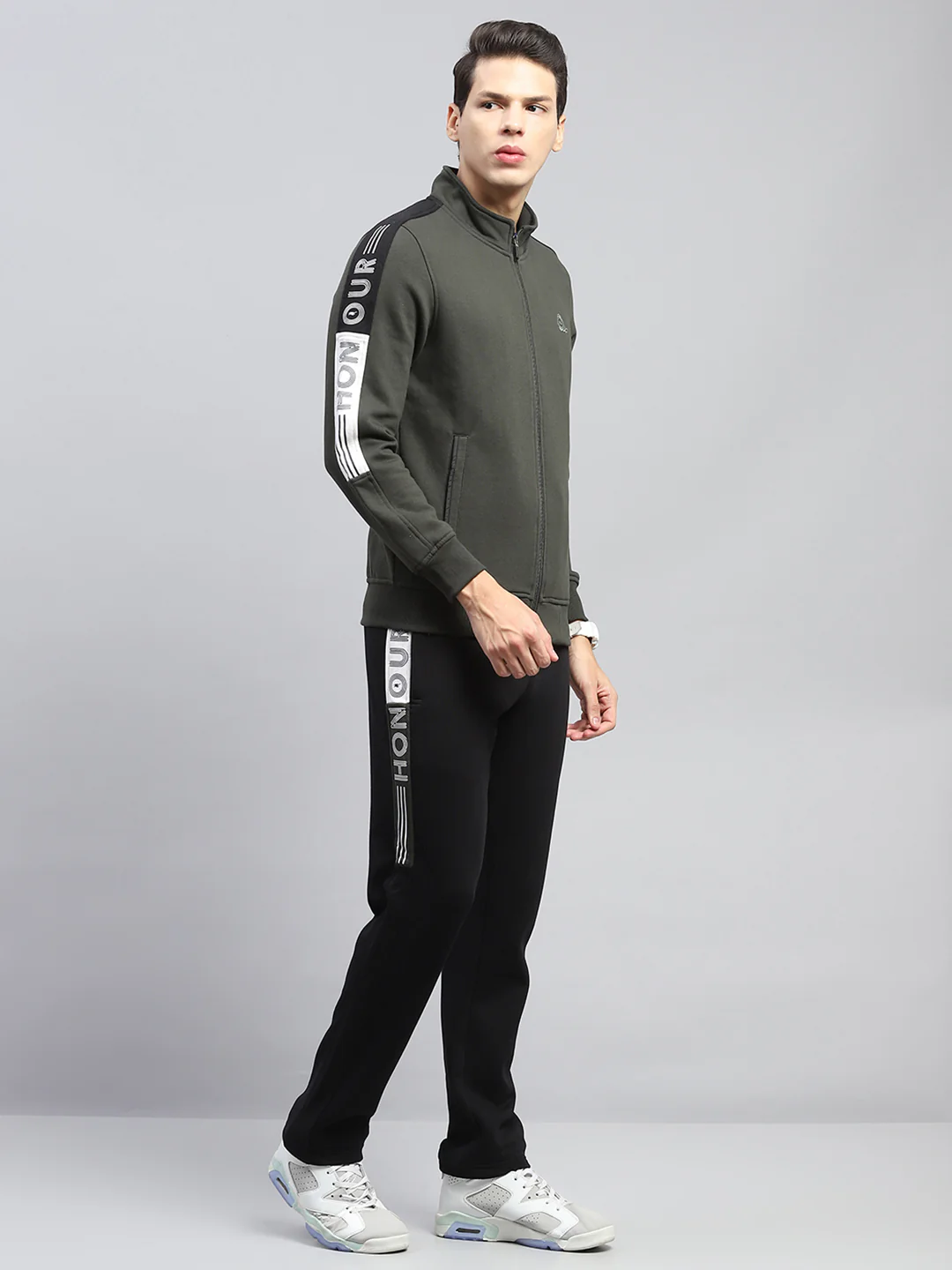 Men Olive Printed Mock Neck Full Sleeve Winter Tracksuit - Image 4