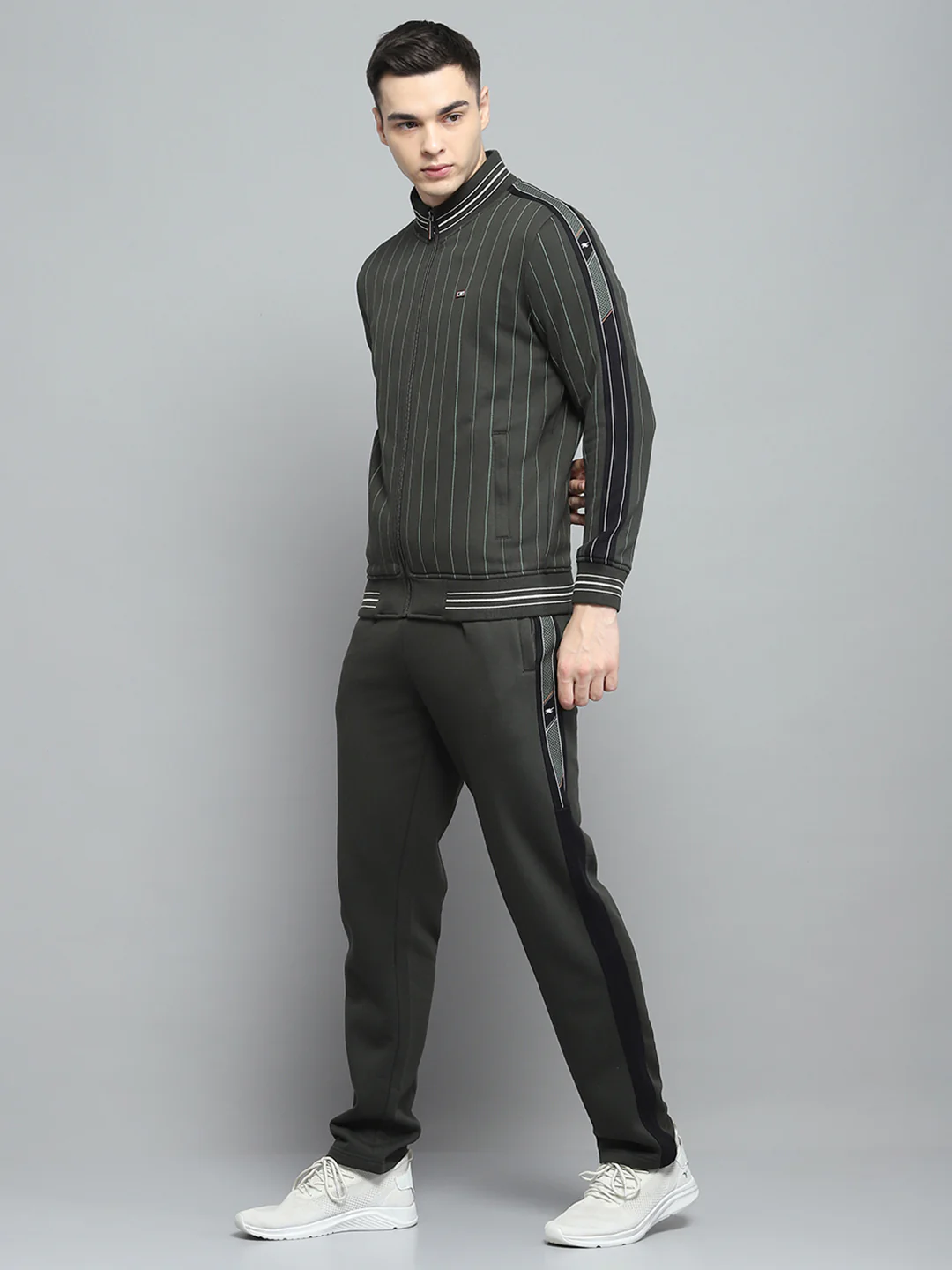 Men Olive Printed Mock Neck Full Sleeve Winter Tracksuit - Image 3