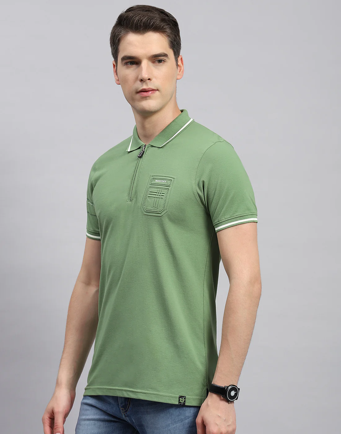 Men Olive Printed Polo Collar Half Sleeve T-Shirt - Image 3