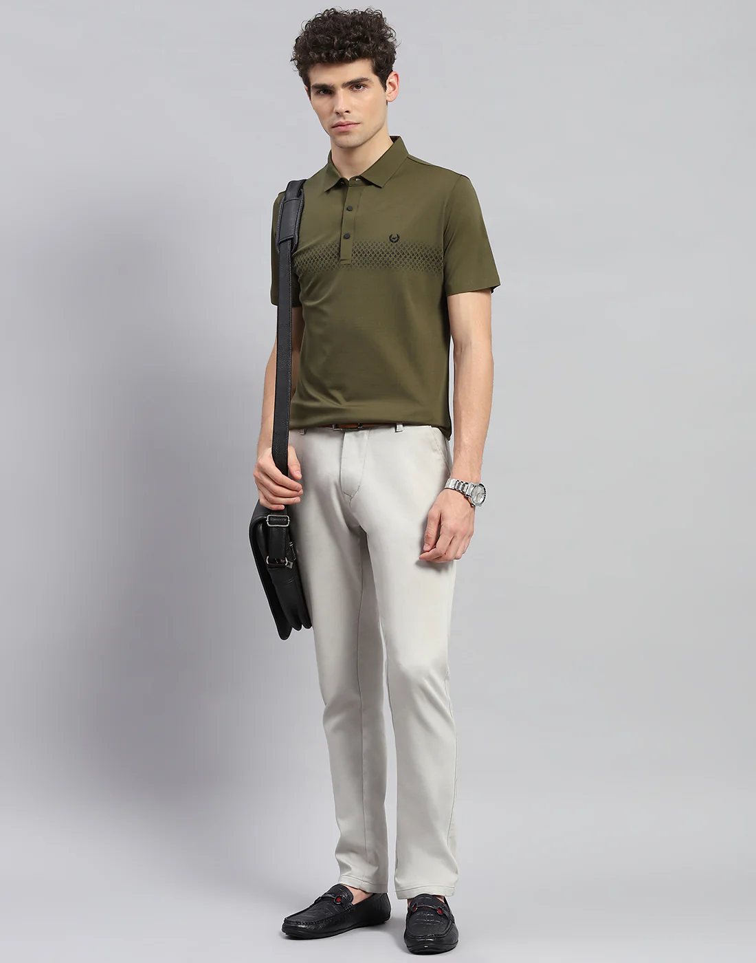 Men Olive Printed Polo Collar Half Sleeve T-Shirt - Image 2