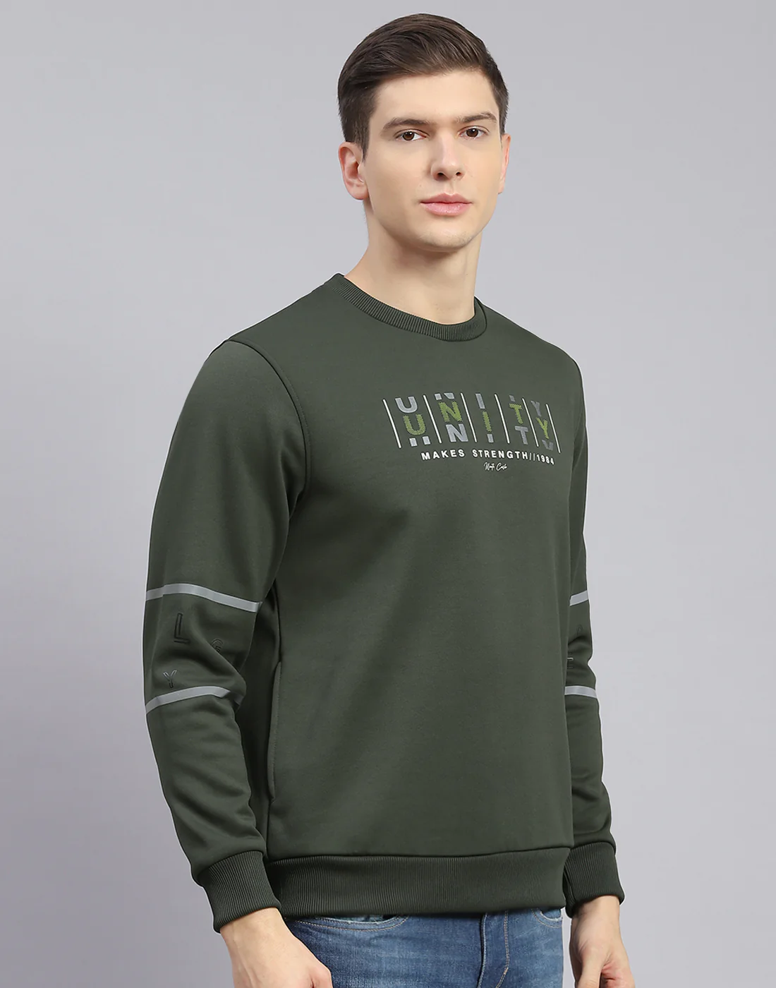 Men Olive Printed Round Neck Full Sleeve Sweatshirt - Image 6