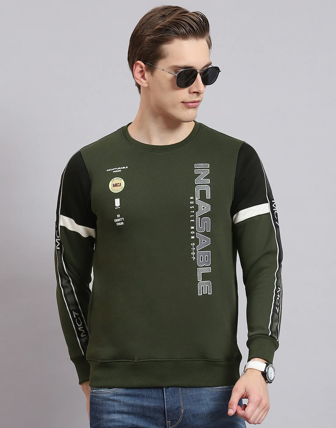 Men Olive Printed Round Neck Full Sleeve Sweatshirt - Image 2