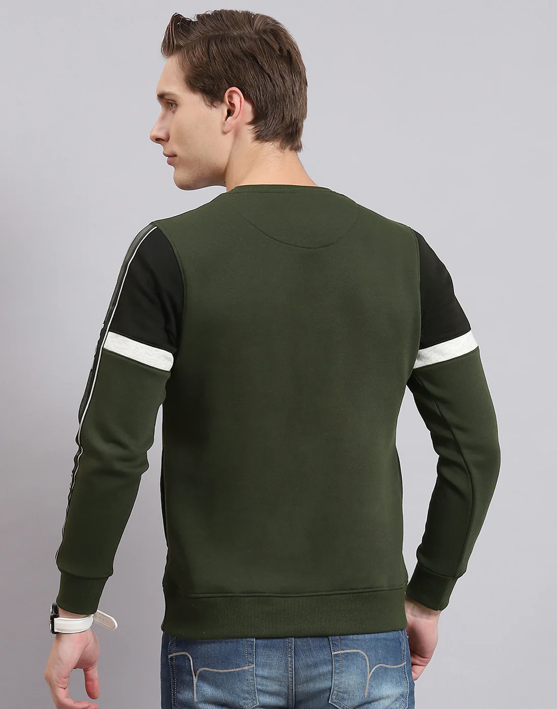 Men Olive Printed Round Neck Full Sleeve Sweatshirt - Image 6