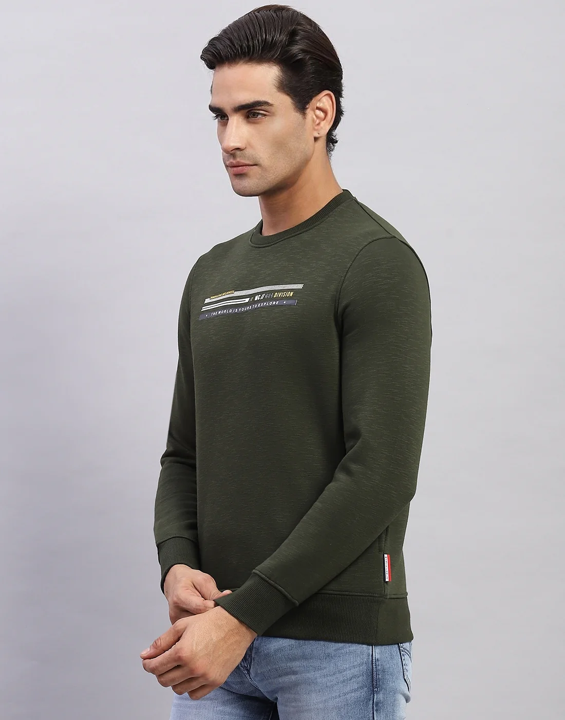 Men Olive Printed Round Neck Full Sleeve Sweatshirt - Image 3