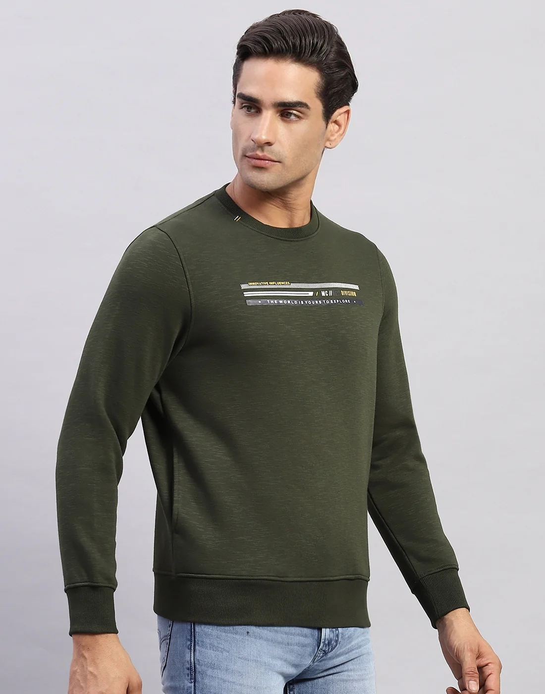 Men Olive Printed Round Neck Full Sleeve Sweatshirt - Image 4