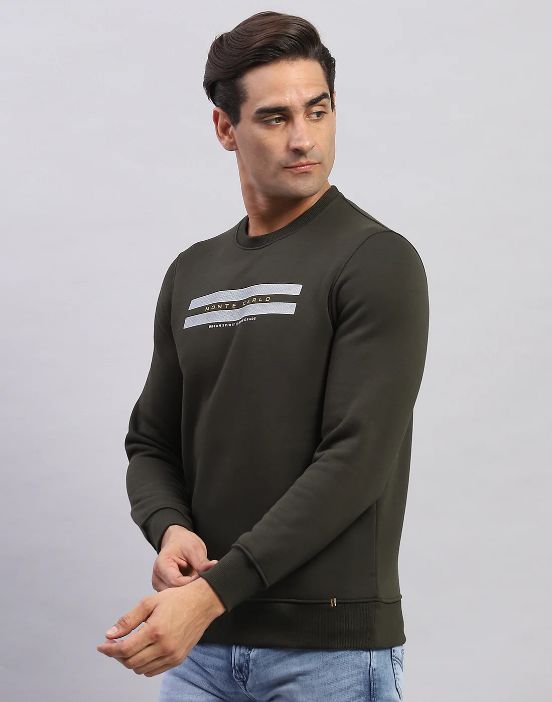 Men Olive Printed Round Neck Full Sleeve Sweatshirt - Image 3