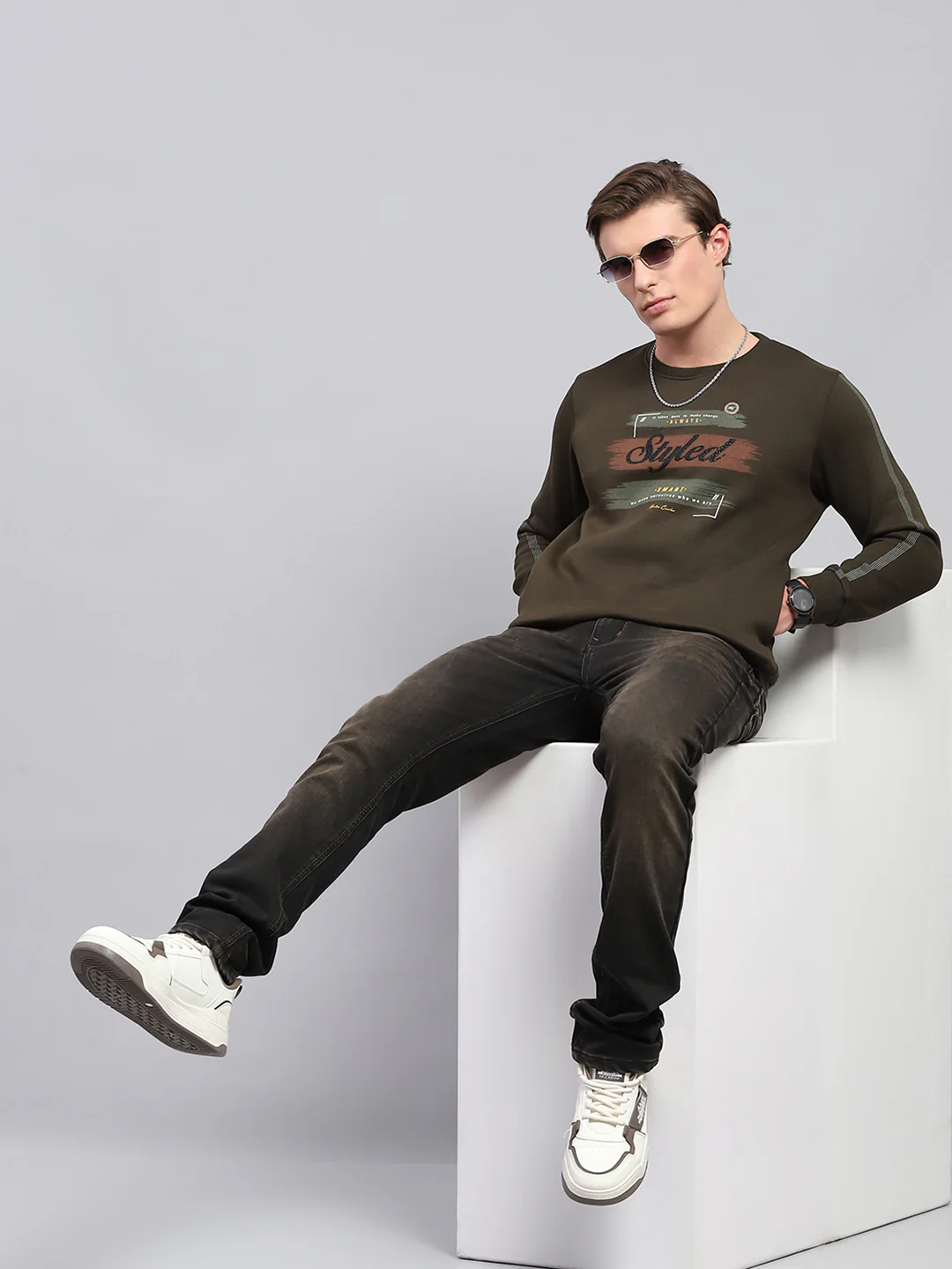 Men Olive Printed Round Neck Full Sleeve Sweatshirt - Image 2