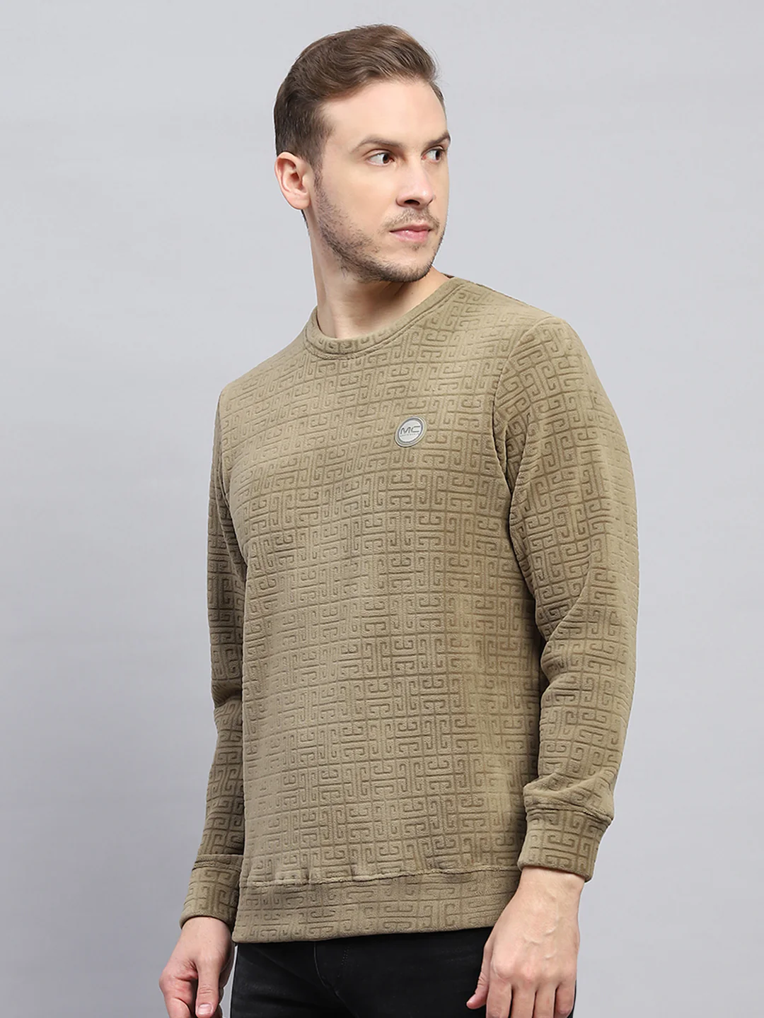 Men Olive Printed Round Neck Full Sleeve Sweatshirt - Image 3