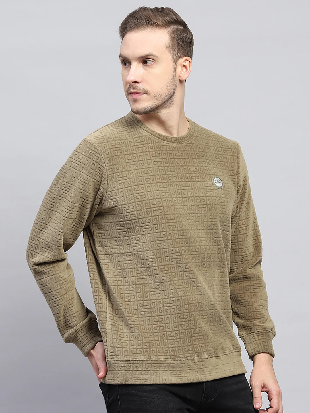 Men Olive Printed Round Neck Full Sleeve Sweatshirt - Image 4