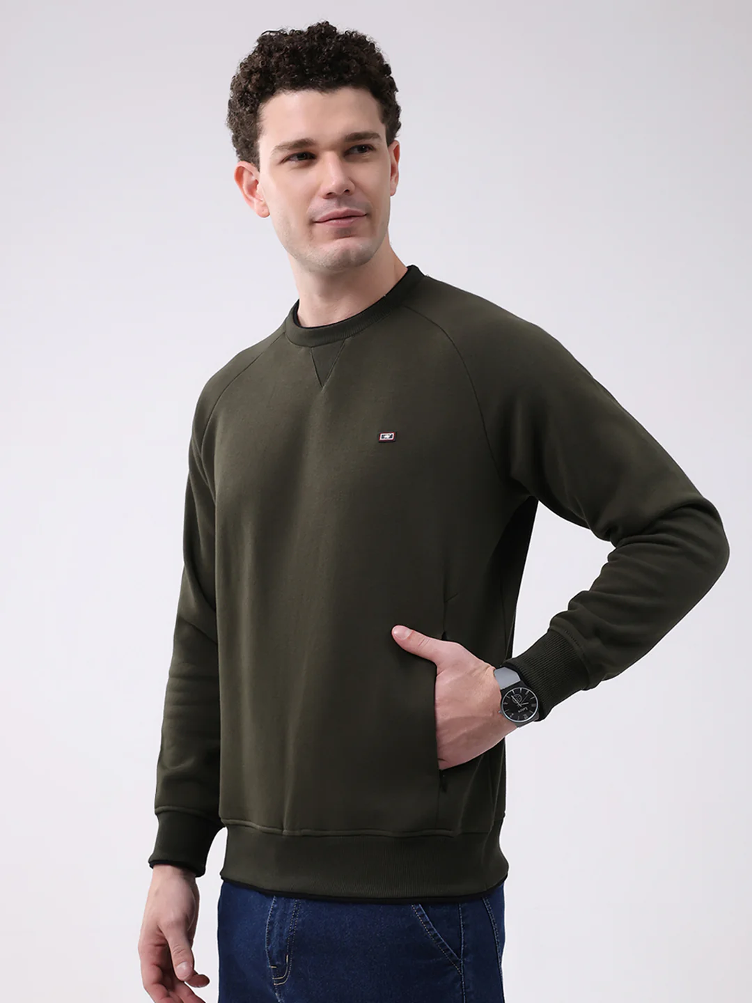 Men Olive Printed Round Neck Full Sleeve Sweatshirt - Image 4