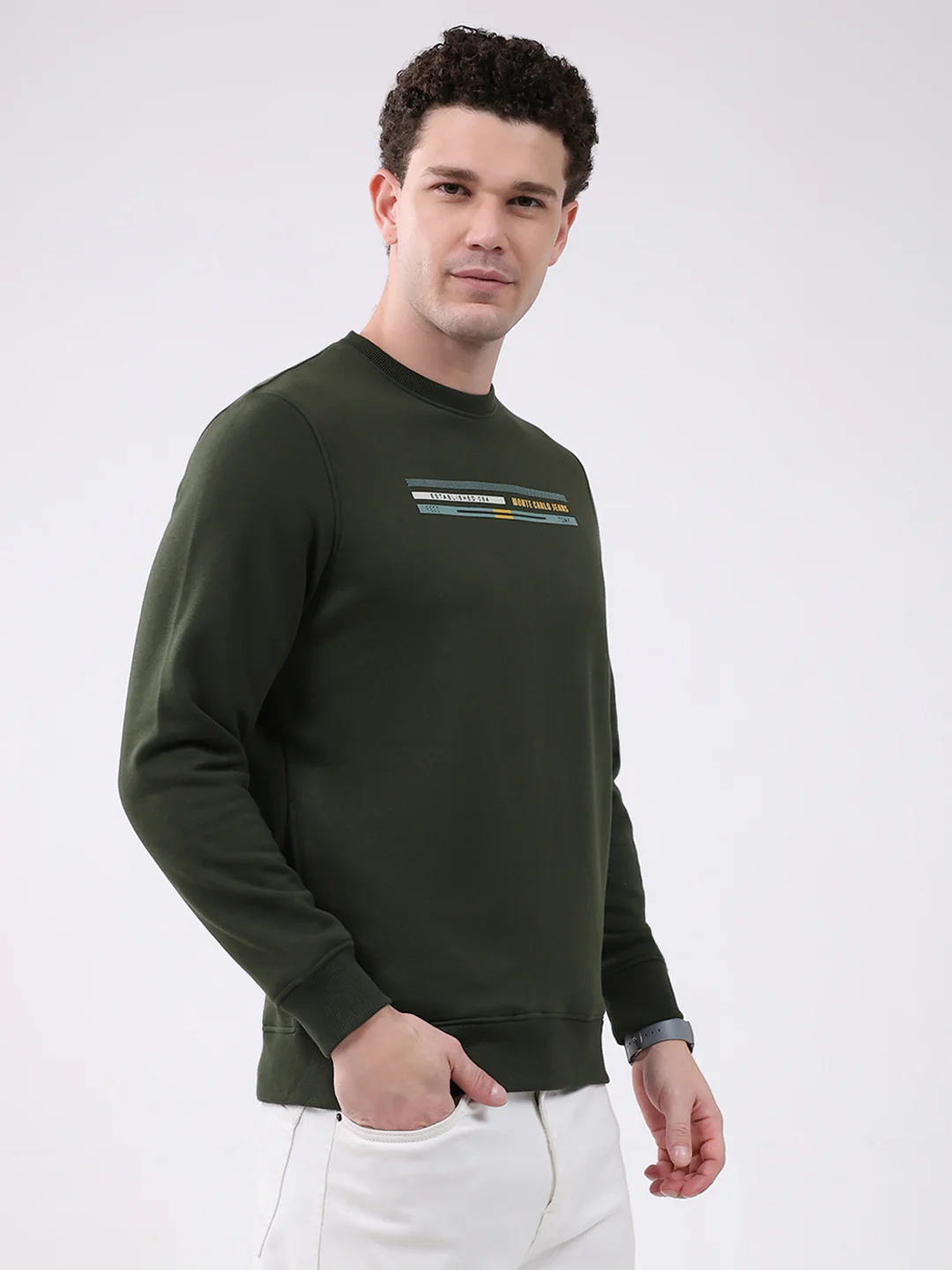Men Olive Printed Round Neck Full Sleeve Sweatshirt - Image 3