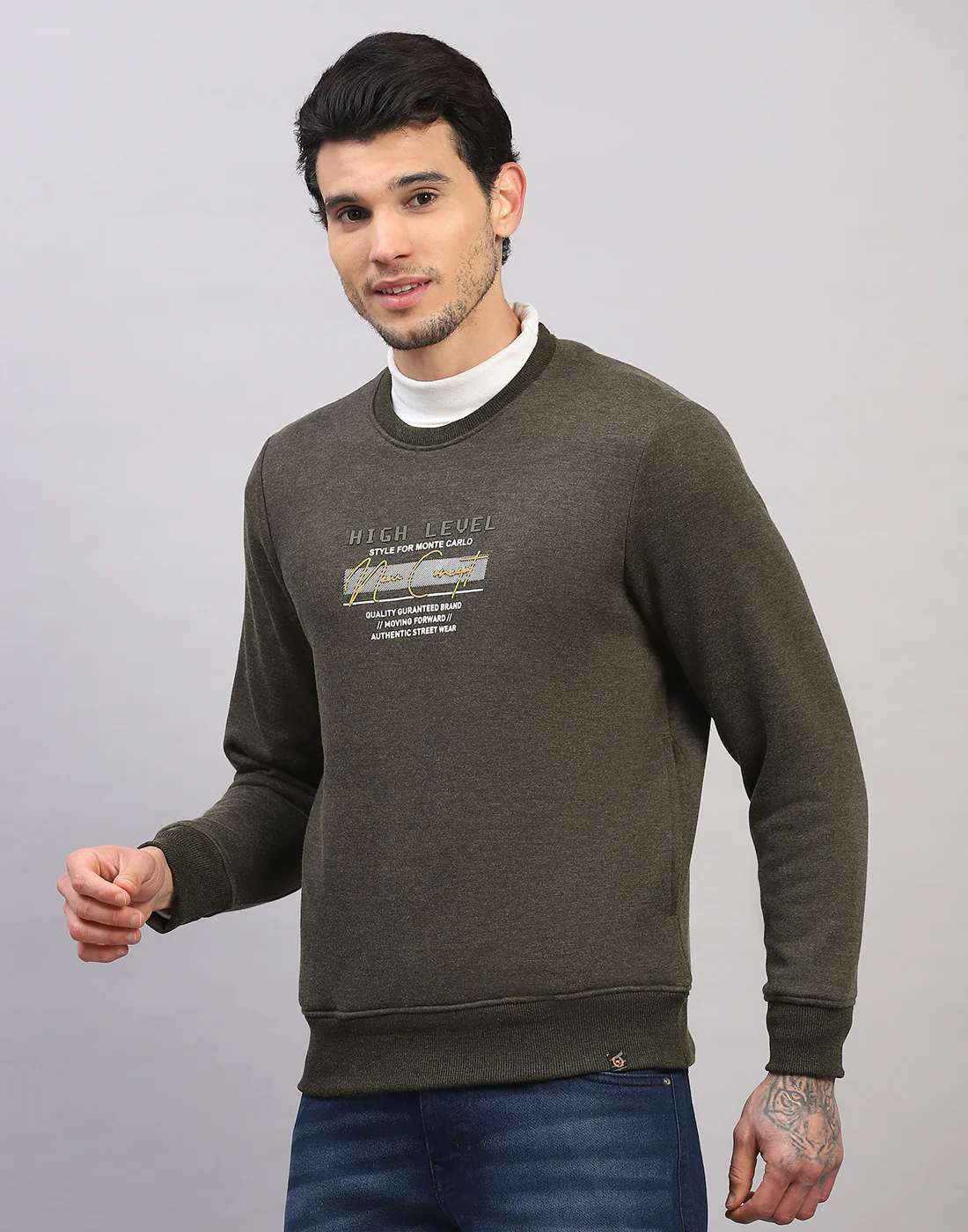 Men Olive Printed Round Neck Full Sleeve Sweatshirt - Image 2