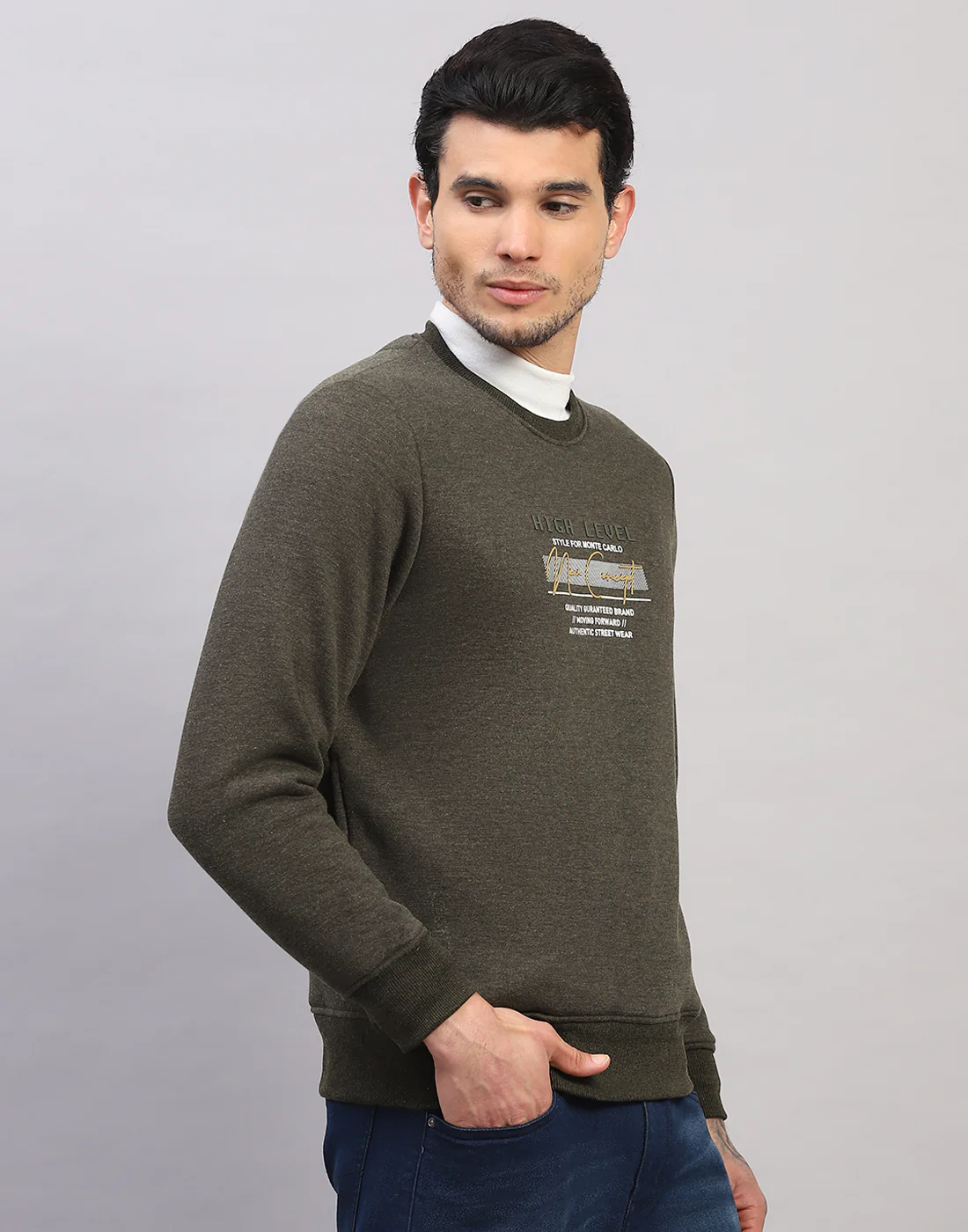 Men Olive Printed Round Neck Full Sleeve Sweatshirt - Image 3