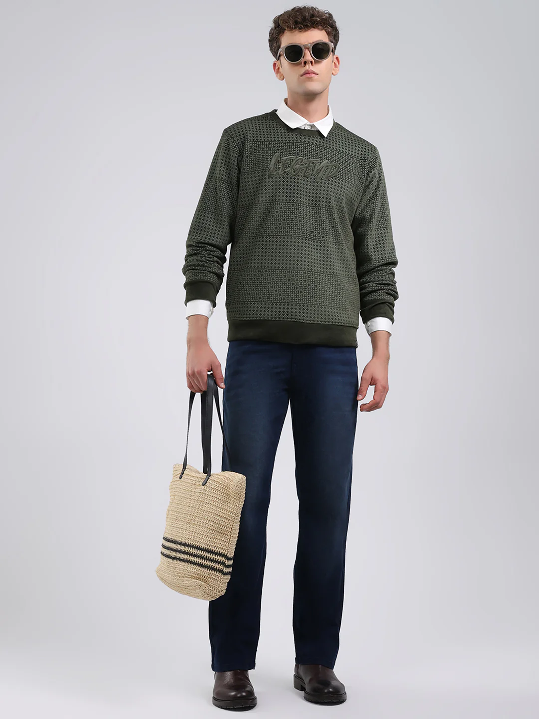 Men Olive Printed Round Neck Full Sleeve Sweatshirt - Image 2