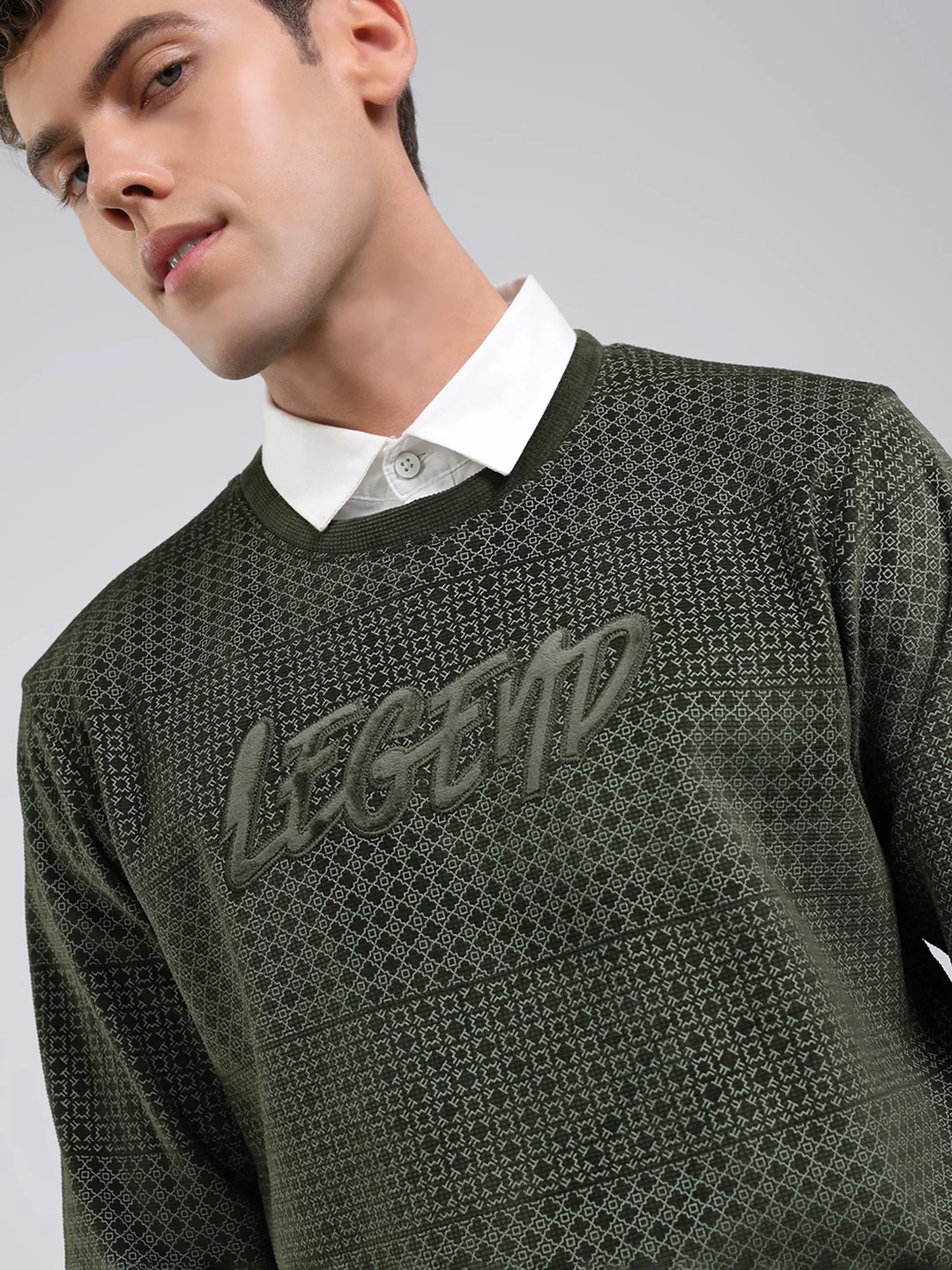 Men Olive Printed Round Neck Full Sleeve Sweatshirt - Image 6