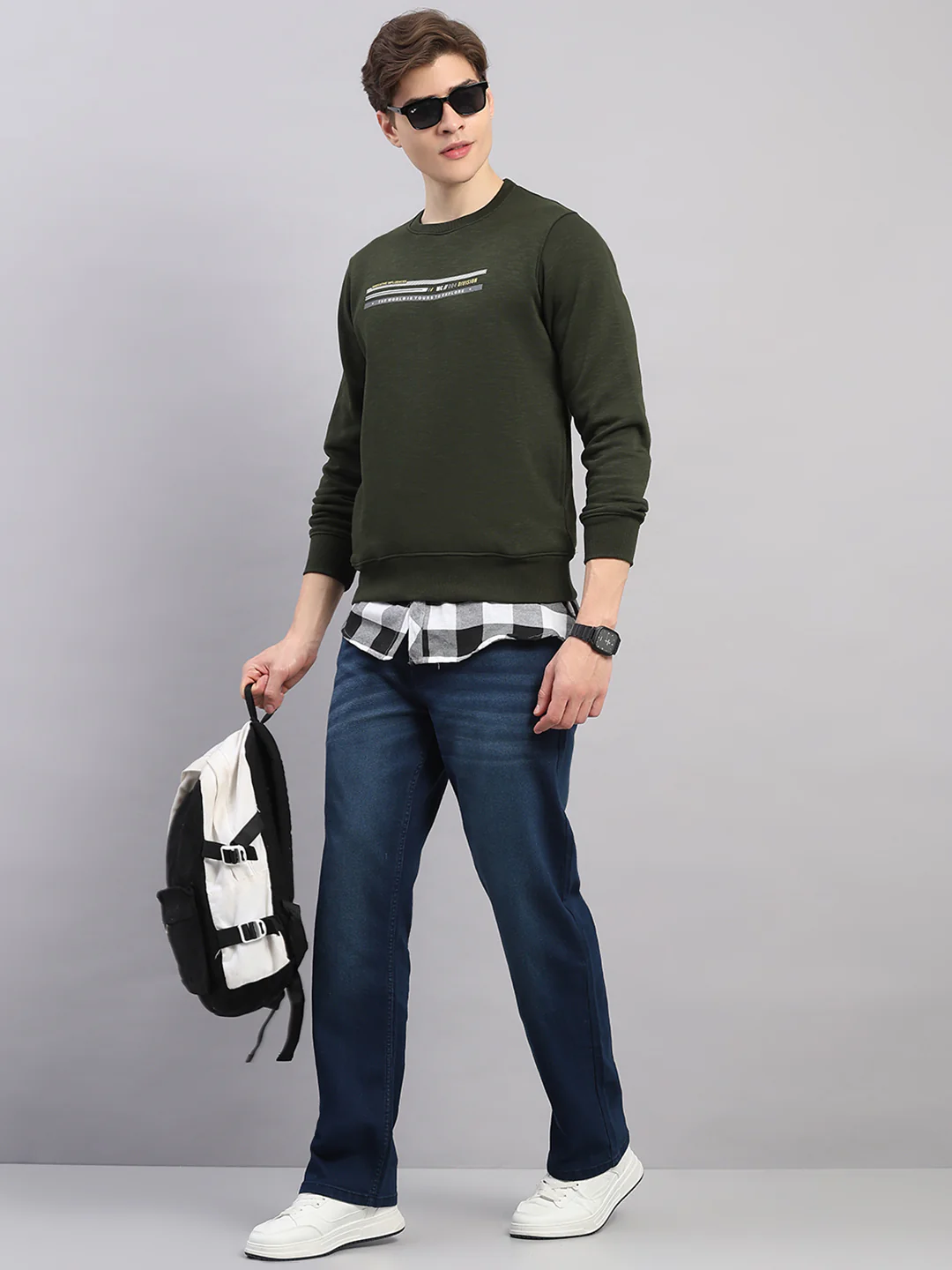 Men Olive Printed Round Neck Full Sleeve Sweatshirt - Image 2