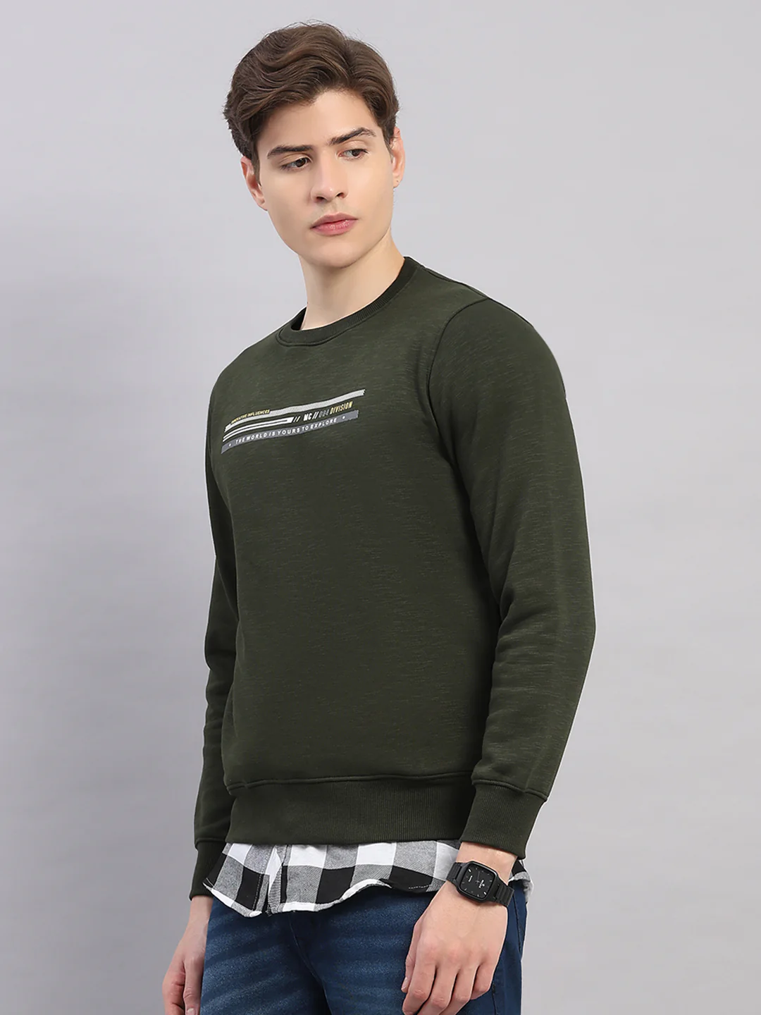 Men Olive Printed Round Neck Full Sleeve Sweatshirt - Image 3