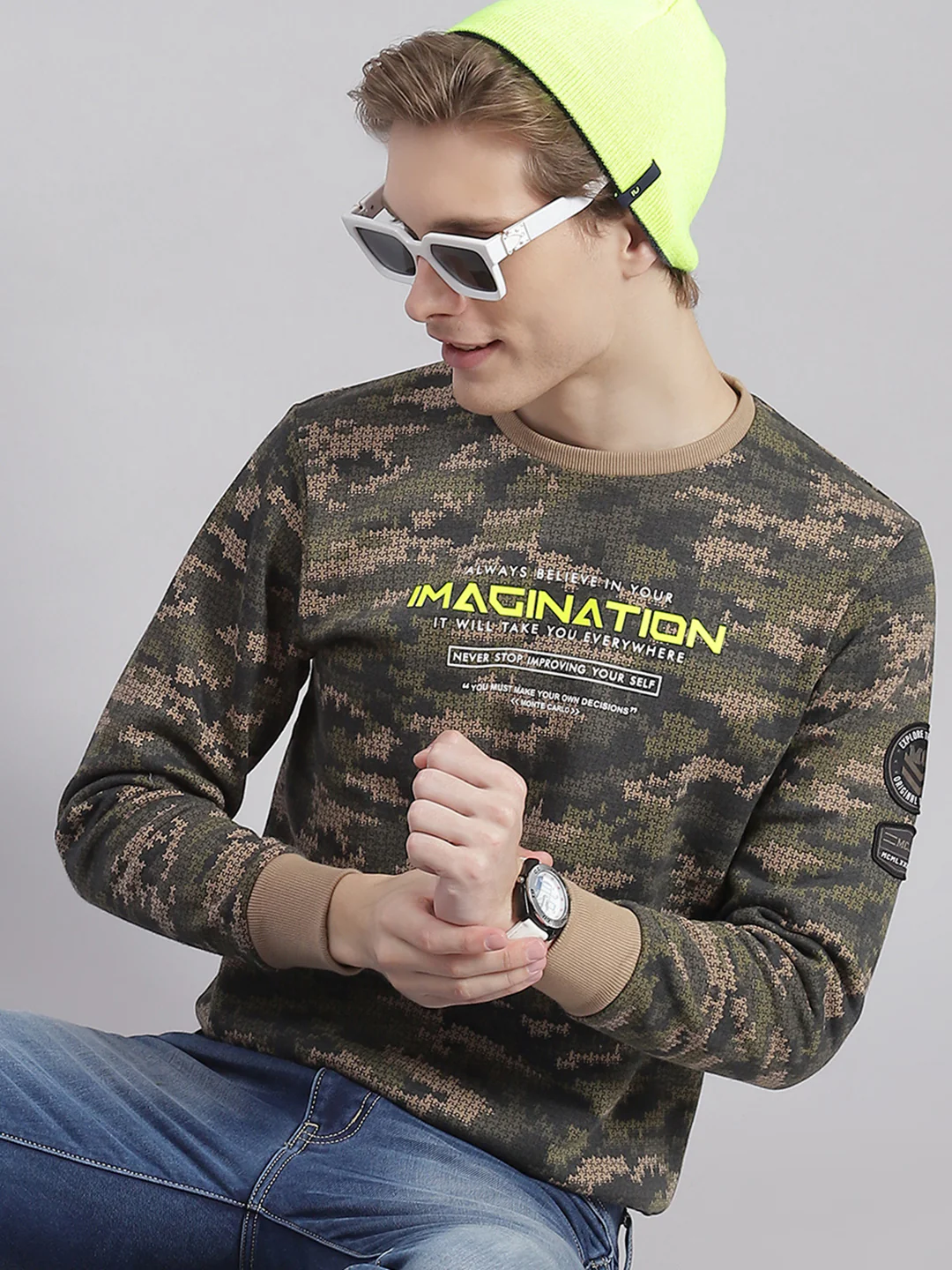 Men Olive Printed Round Neck Full Sleeve Sweatshirts - Image 2