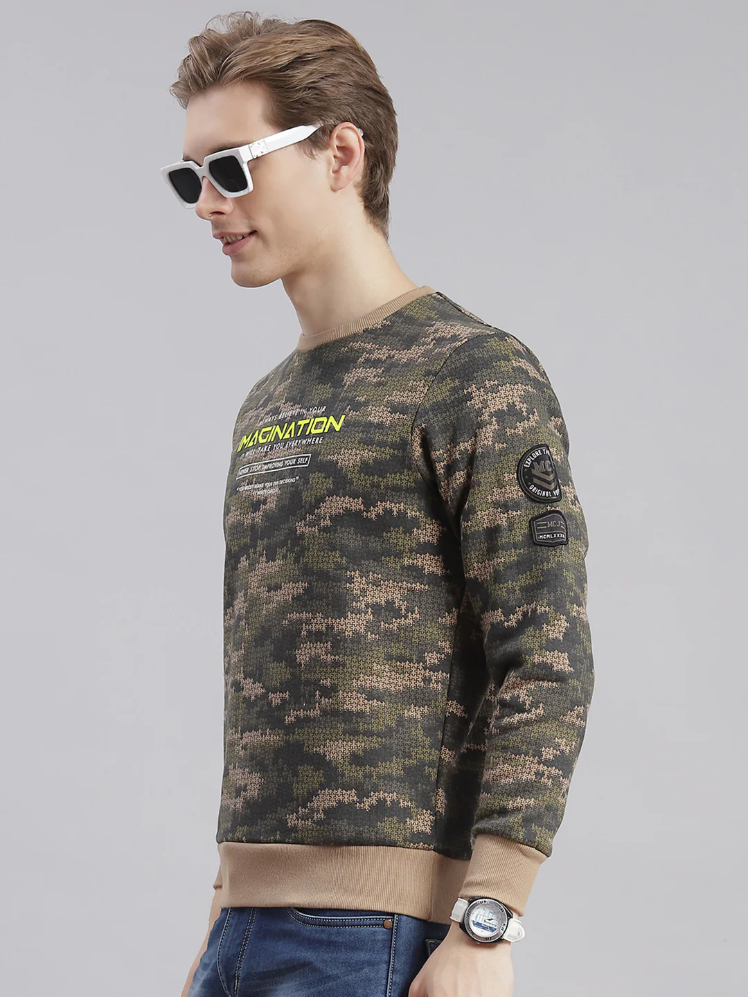 Men Olive Printed Round Neck Full Sleeve Sweatshirts - Image 5