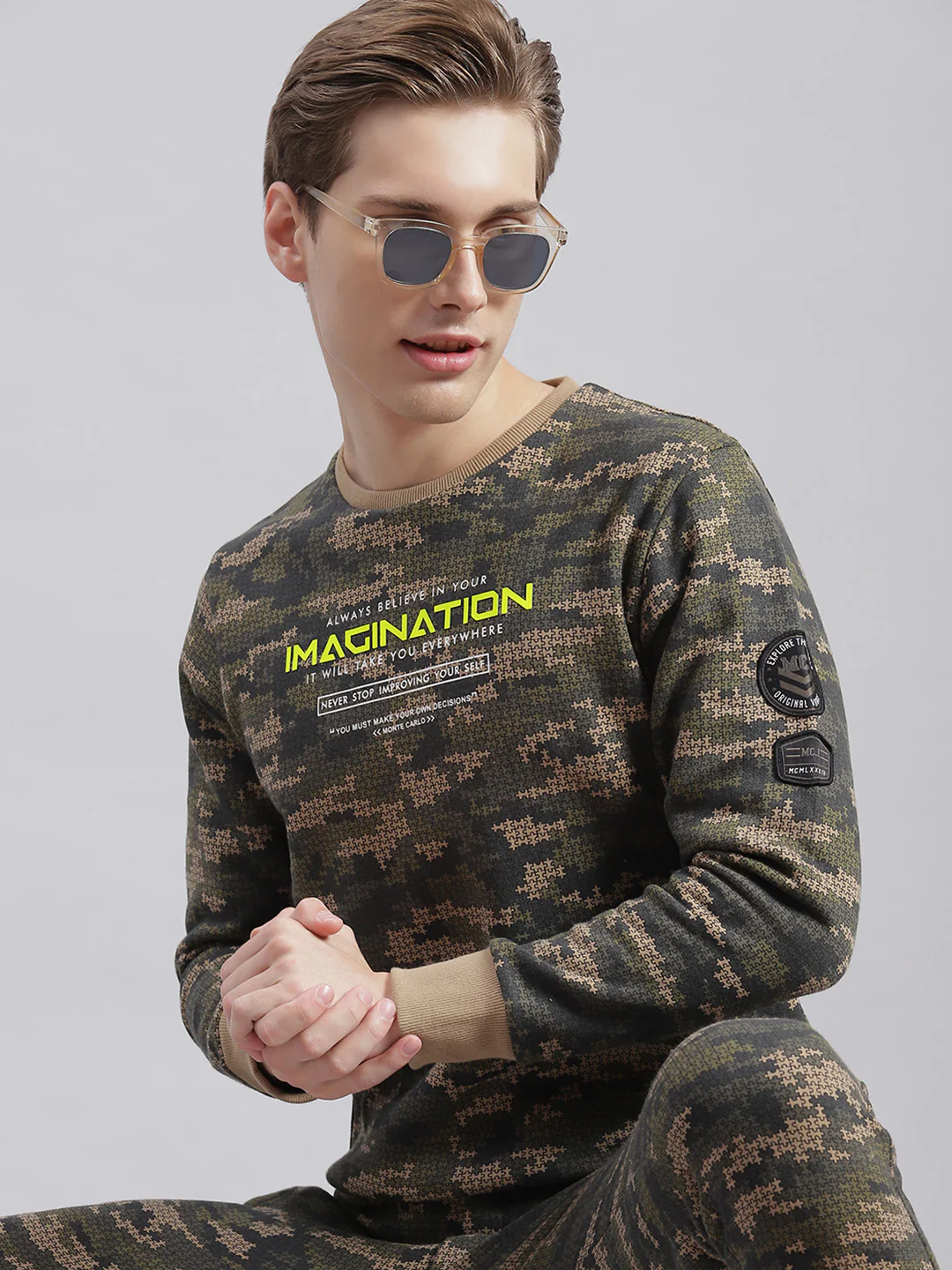 Men Olive Printed Round Neck Full Sleeve Tracksuits - Image 2
