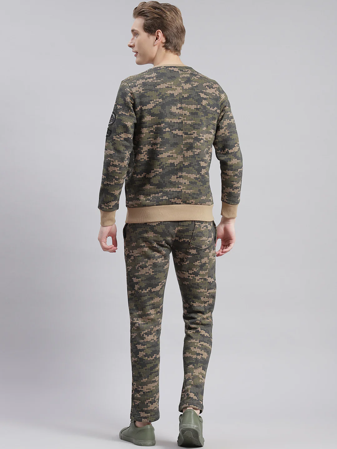 Men Olive Printed Round Neck Full Sleeve Tracksuits - Image 3