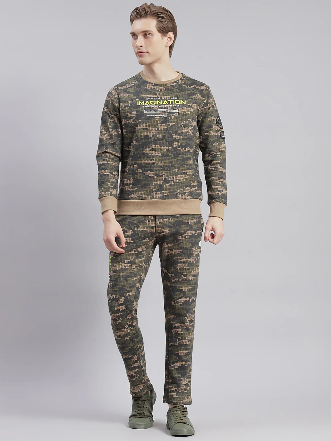 Men Olive Printed Round Neck Full Sleeve Tracksuits - Image 4