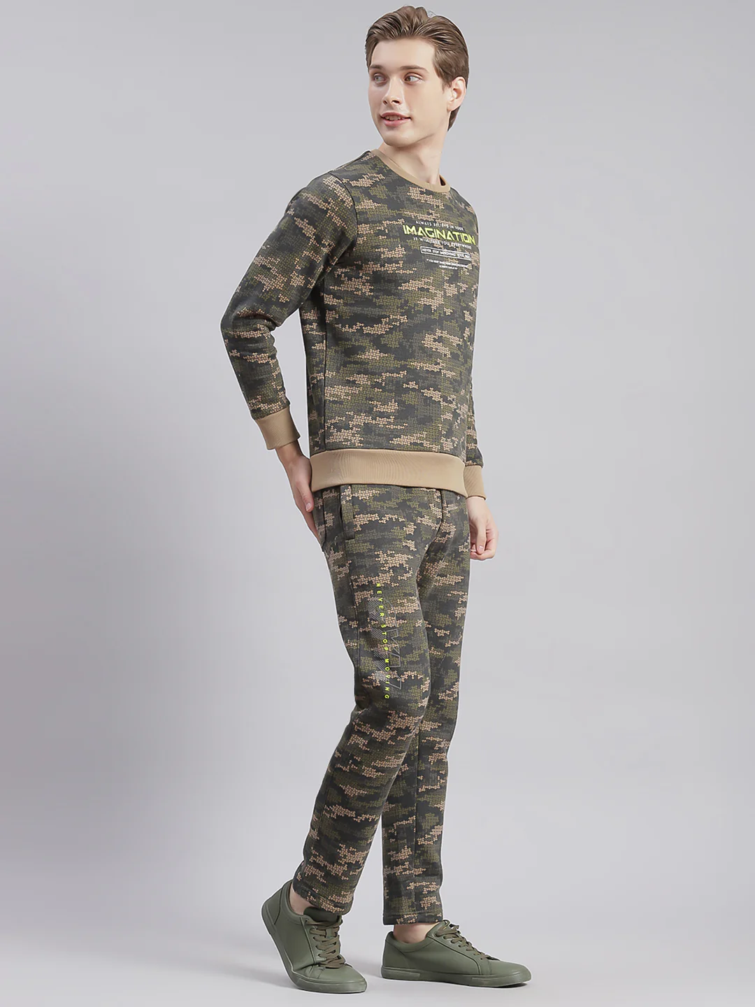 Men Olive Printed Round Neck Full Sleeve Tracksuits - Image 6