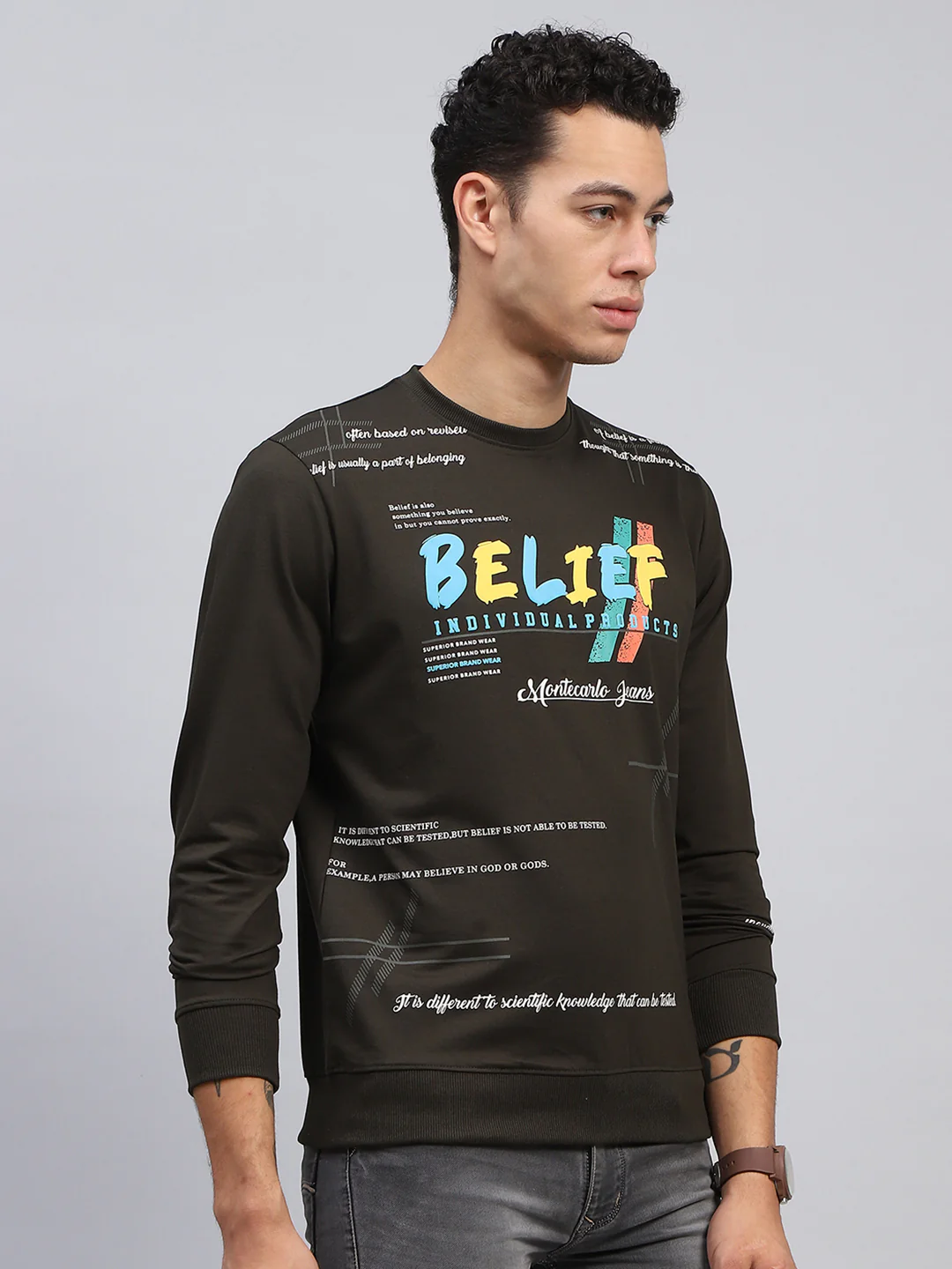 Men Olive Printed Round Neck Full Sleeve Winter T-Shirt - Image 4