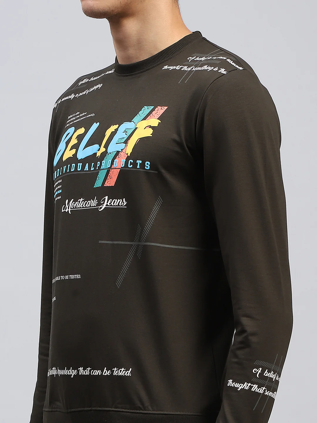Men Olive Printed Round Neck Full Sleeve Winter T-Shirt - Image 6