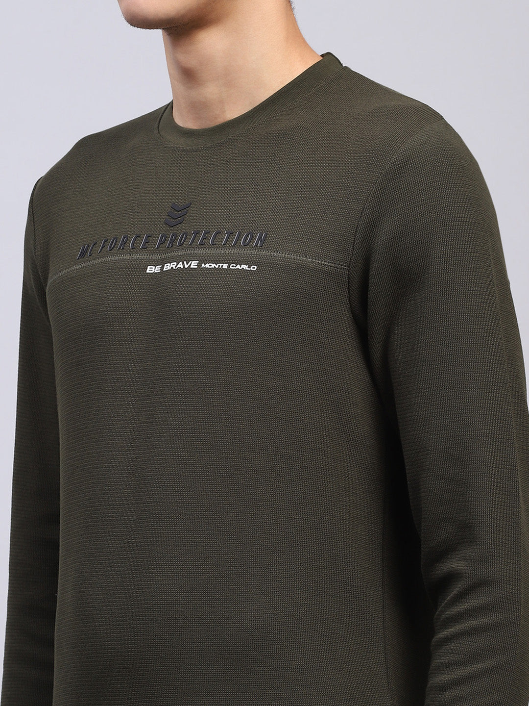 Men Olive Printed Round Neck Full Sleeve Winter T-Shirt - Image 6
