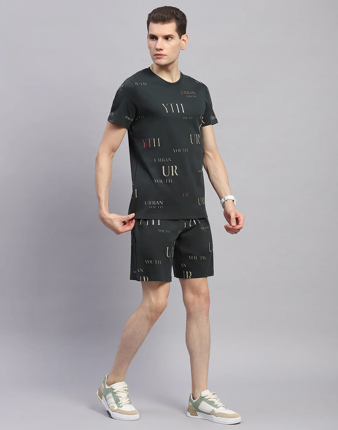 Men Olive Printed Round Neck Half Sleeve Bermuda Set - Image 4