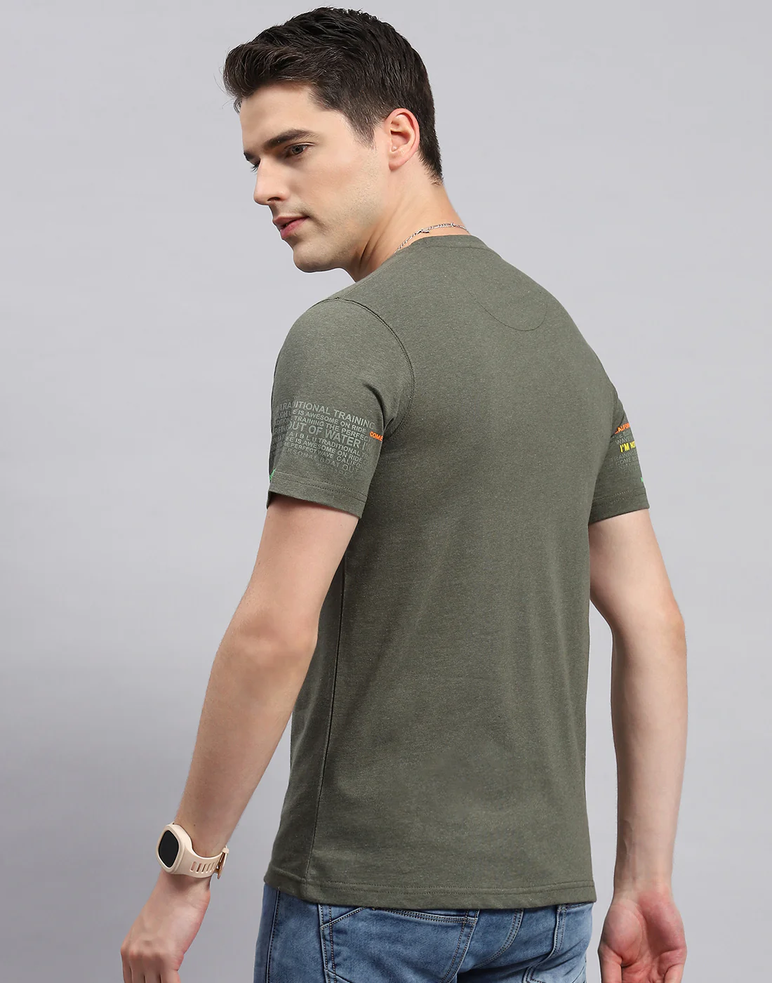 Men Olive Printed Round Neck Half Sleeve T-Shirt - Image 5