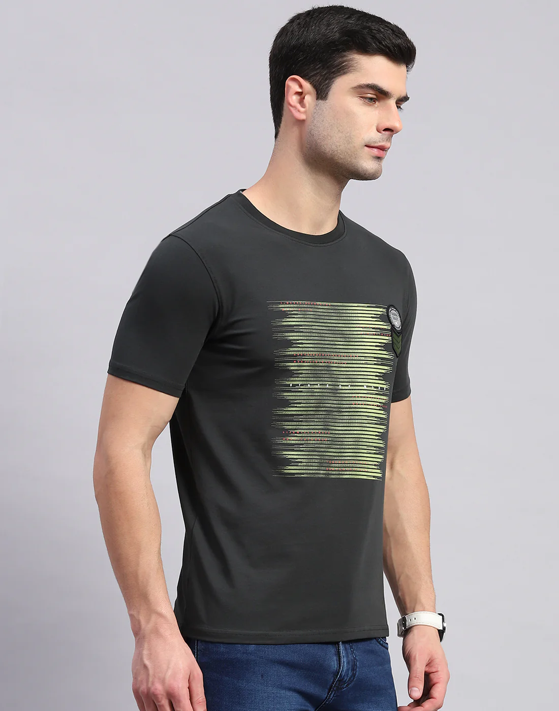 Men Olive Printed Round Neck Half Sleeve T-Shirt - Image 4