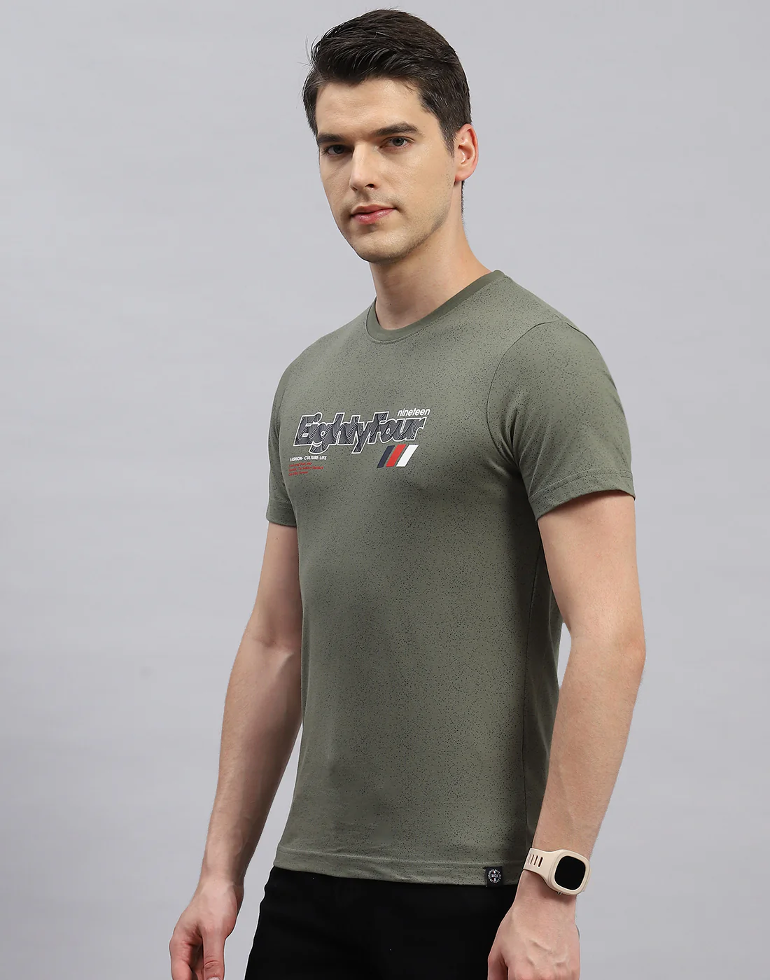 Men Olive Printed Round Neck Half Sleeve T-Shirt - Image 3