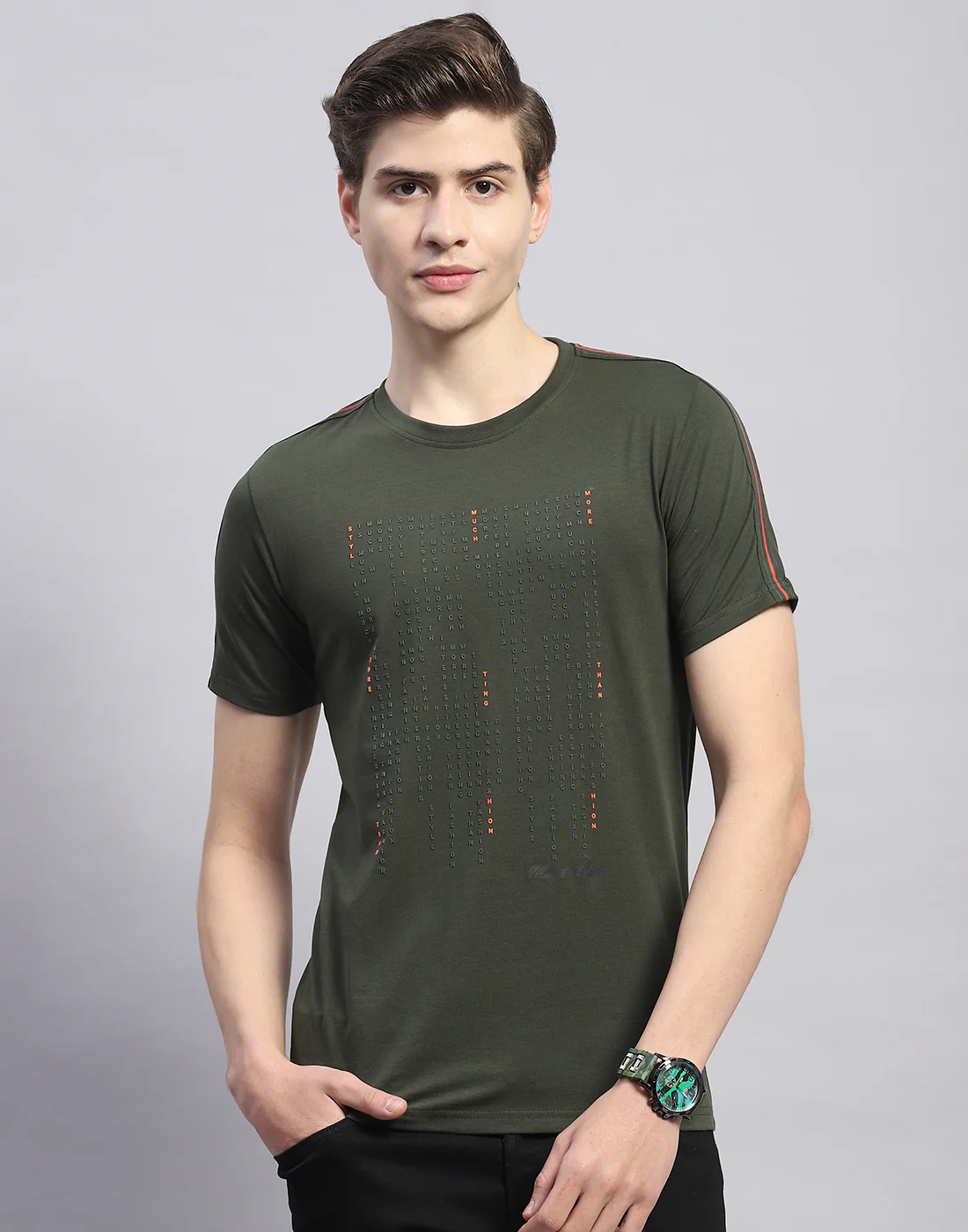 Men Olive Printed Round Neck Half Sleeve T-Shirt - Image 2