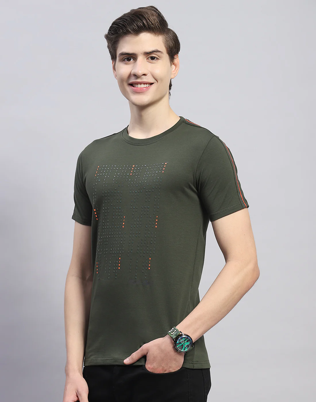 Men Olive Printed Round Neck Half Sleeve T-Shirt - Image 3