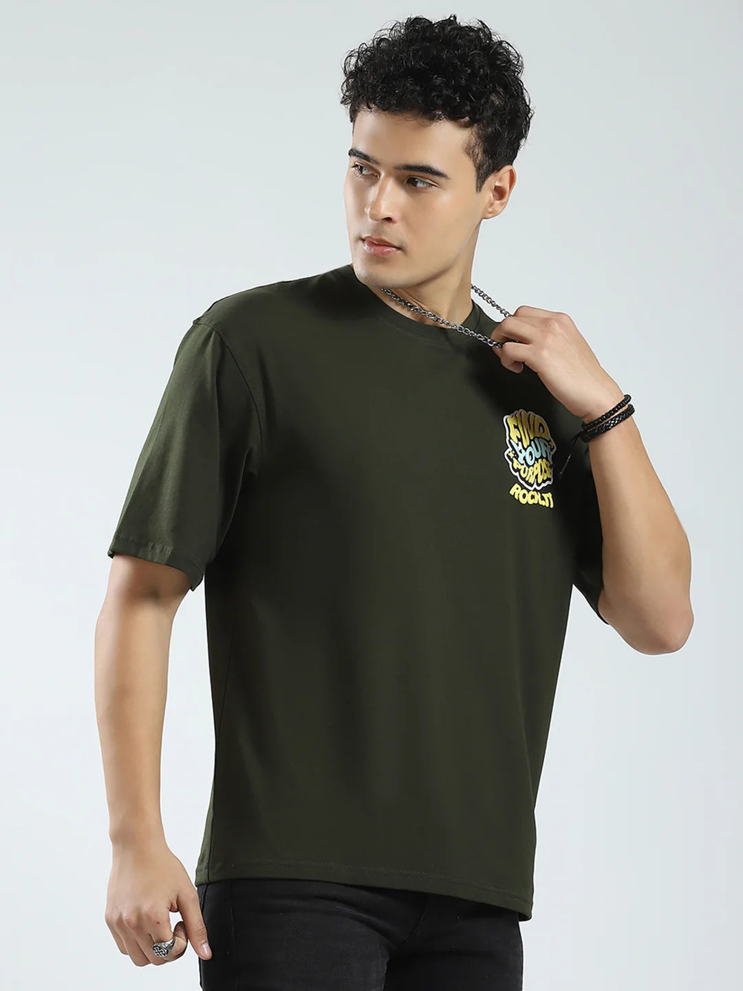 Rock.it Men Olive Printed Round Neck Half Sleeve T-Shirt - Image 4