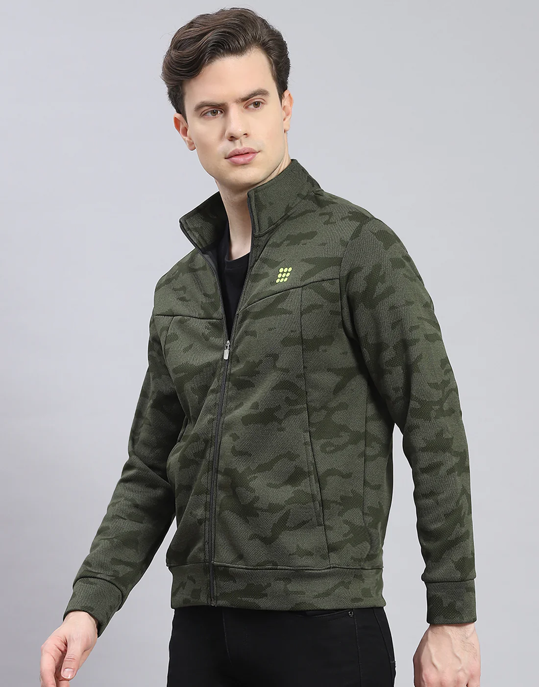 Rock.it Men Olive Printed Stand Collar Full Sleeve Sweatshirt - Image 3