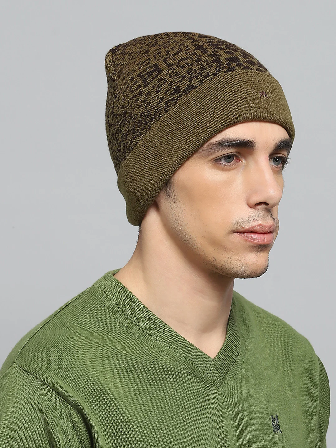 Men Olive Self Design Cap - Image 4