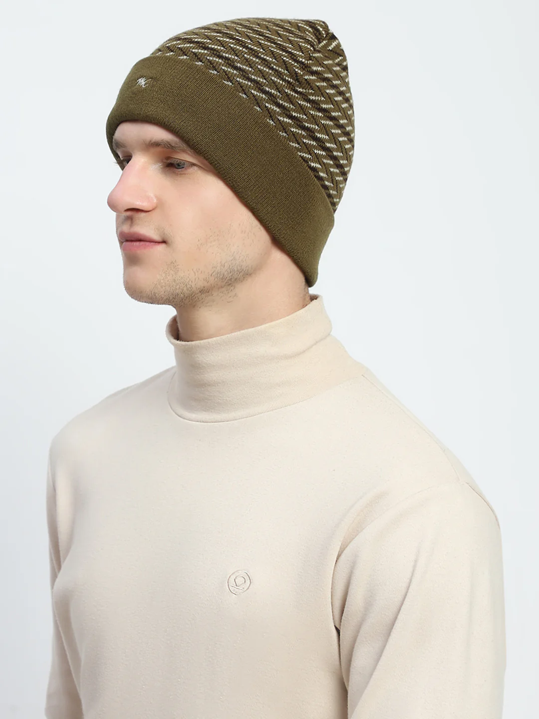 Men Olive Self Design Cap - Image 3