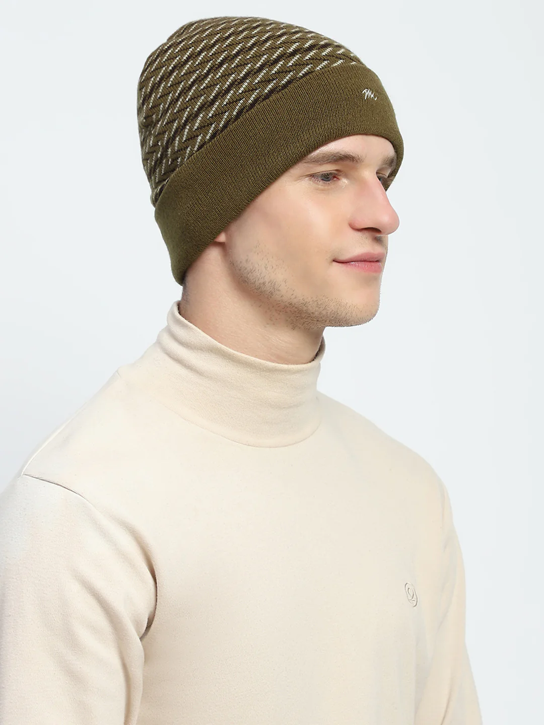 Men Olive Self Design Cap - Image 4